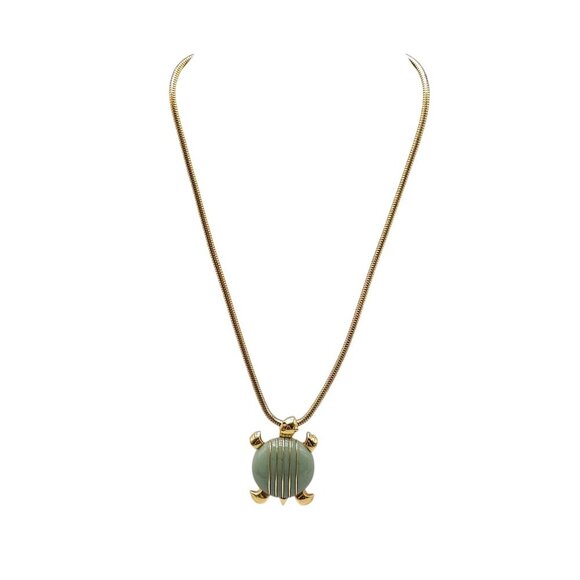 Trifari Vintage Gold Tone Turtle Pendant Necklace Jade Green Lucite - Picture 1 of 6